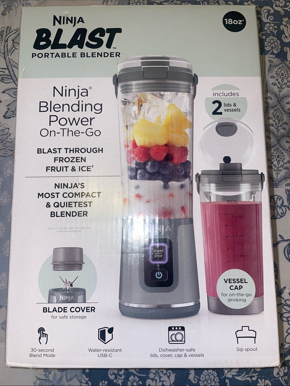 BNIB Ninja Blast Portable Gray Blender On the Go (2 lids & vessels) each 18oz